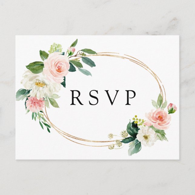 Blush White Bloom Gold Rahmen Blumenzange RSVP Einladungspostkarte (Vorderseite)