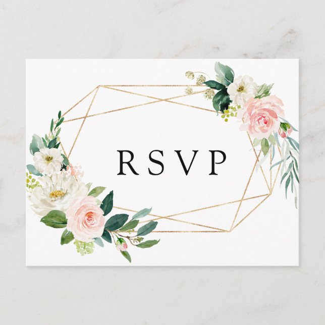 Blush White Bloom Gold Rahmen Blumenzange RSVP Einladungspostkarte (Vorderseite)