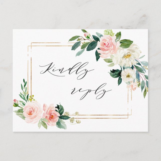 Blush White Bloom Gold Rahmen Blumenzange RSVP Einladungspostkarte (Vorderseite)
