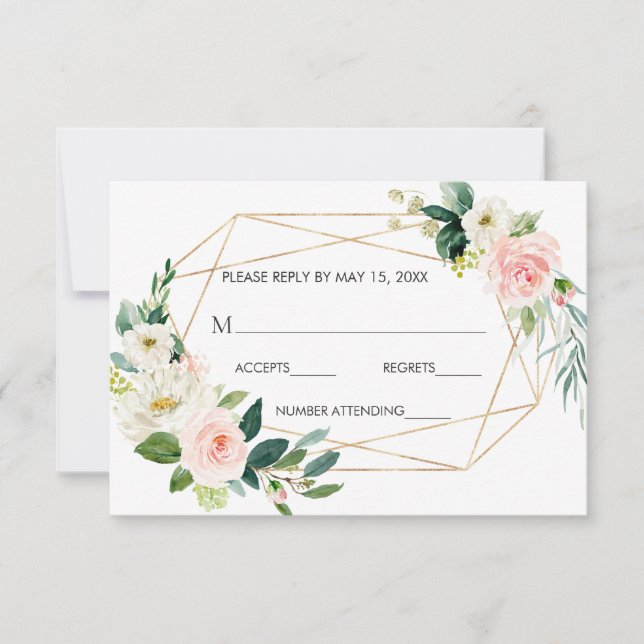 Blush White Bloom Gold Rahmen Blumenzange RSVP Karte (Vorderseite)