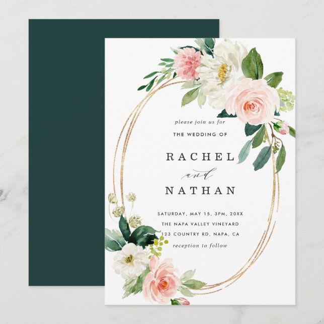 Blush White Bloom Gold Rahmen Einladung Hochzeitsf (Vorne/Hinten)