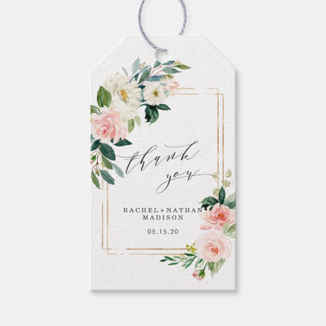 Blush White Bloom Gold Rahmen Hochzeit Vielen Dank Geschenkanhänger (Vorderseite)