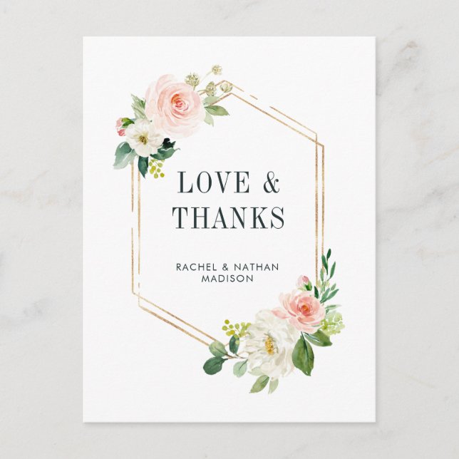 Blush White Bloom Gold Rahmen Hochzeit Vielen Dank Postkarte (Vorderseite)