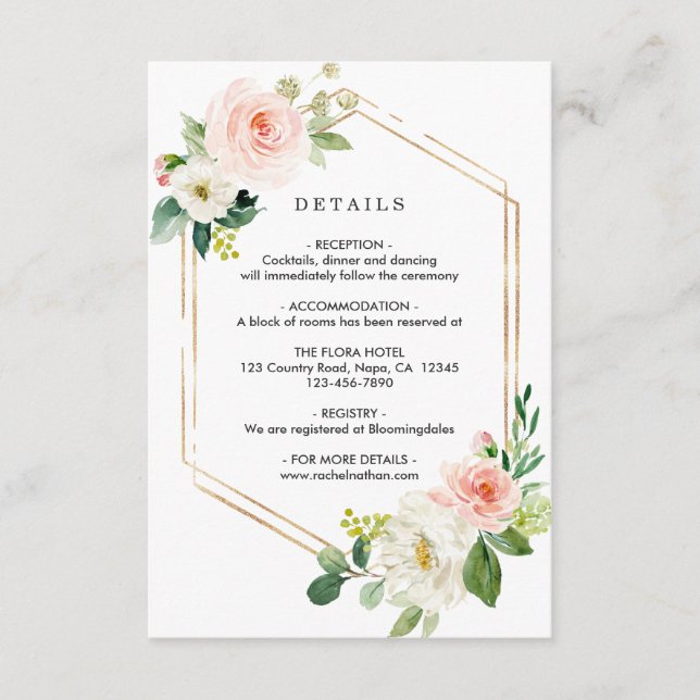 Blush White Bloom Gold Rahmen Hochzeitsdetails Begleitkarte (Vorderseite)