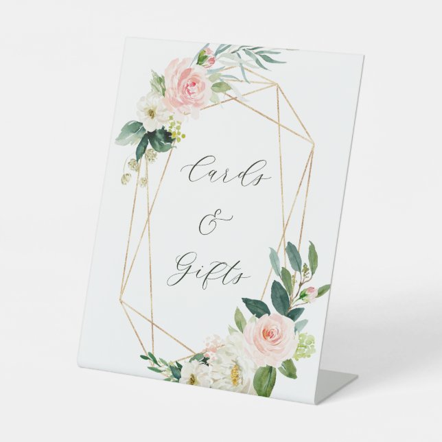 Blush White Bloom Gold Rahmen Hochzeitskarten & Ge Sockelschild (Vorderseite)