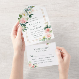Blush White Bloom Gold Rectangle Rahmen Hochzeit All In One Einladung