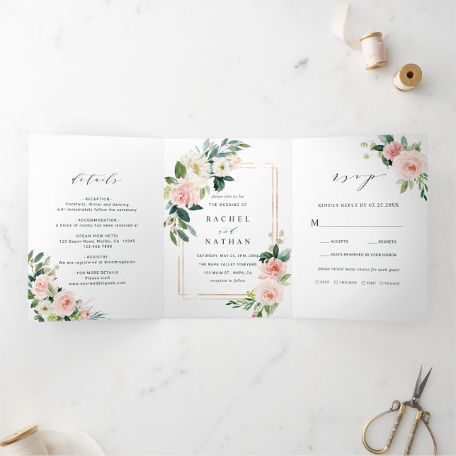 Blush White Bloom Gold Rectangle Rahmen Hochzeit Dreifach Gefaltete Einladung (Innenseite)