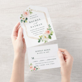Blush White Bloom Hexagon Gold Frame Wedding All In One Einladung