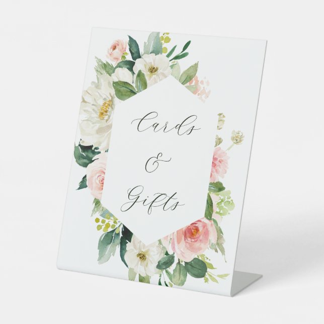 Blush White Bloom Hexagon Hochzeitskarten & Gesche Sockelschild (Vorderseite)