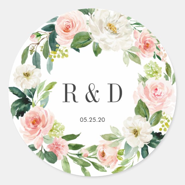 Blush White Bloral Wreath Monogramm Runder Aufkleber (Vorderseite)