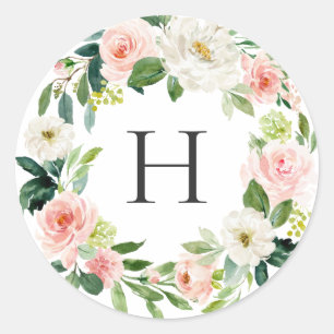 Blush White Bloral Wreath Monogramm Runder Aufkleber