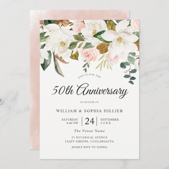 Blush & White Blume 50. Hochzeitstag Einladung (Vorne/Hinten)