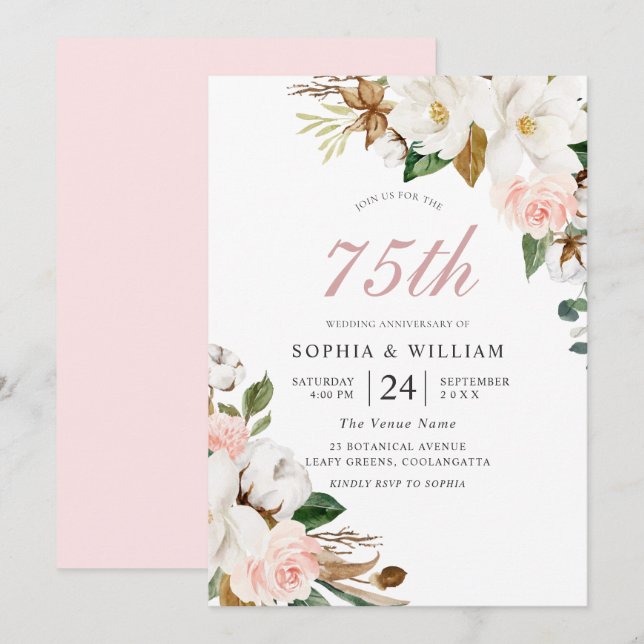 Blush & White Blume 75. Hochzeitstag Einladung (Vorne/Hinten)