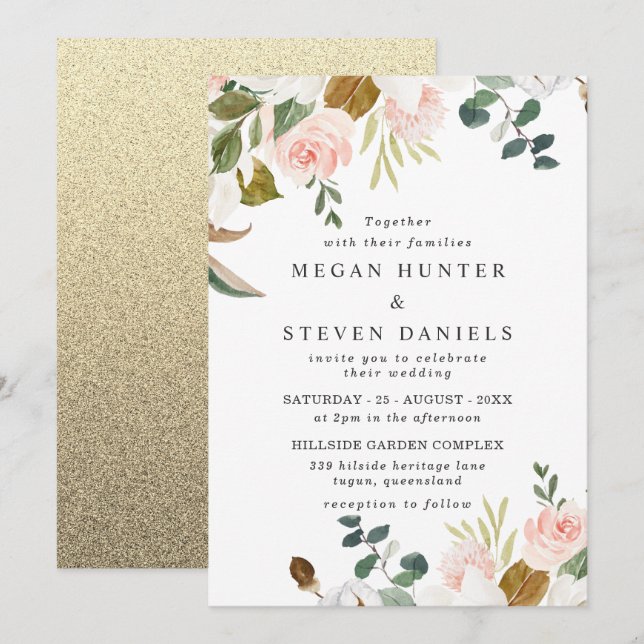 Blush & White Blume Gold Backing Moderne Hochzeit Einladung (Vorne/Hinten)