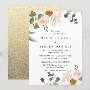 Blush & White Blume Gold Backing Moderne Hochzeit Einladung