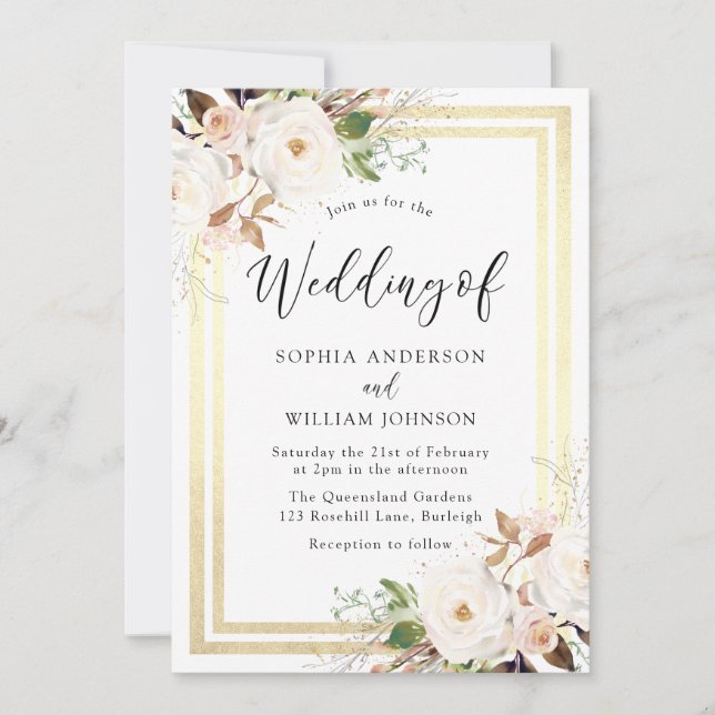 Blush White Blume Gold Border Wonderland Wedding Einladung (Vorderseite)