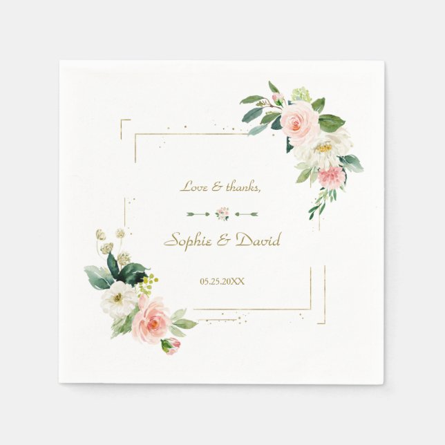 Blush White Blume Gold Glitzer Hochzeit Serviette (Vorderseite)