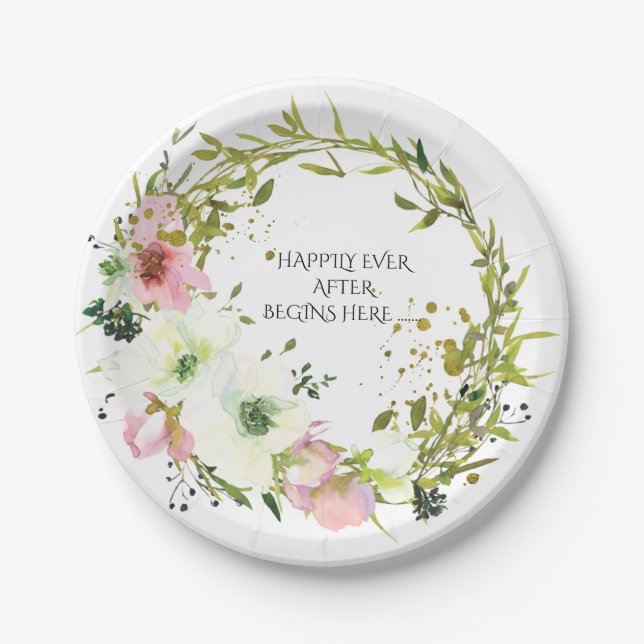 Blush & White Blumenkranz mit Zitat Hochzeit Pappteller (Vorderseite)