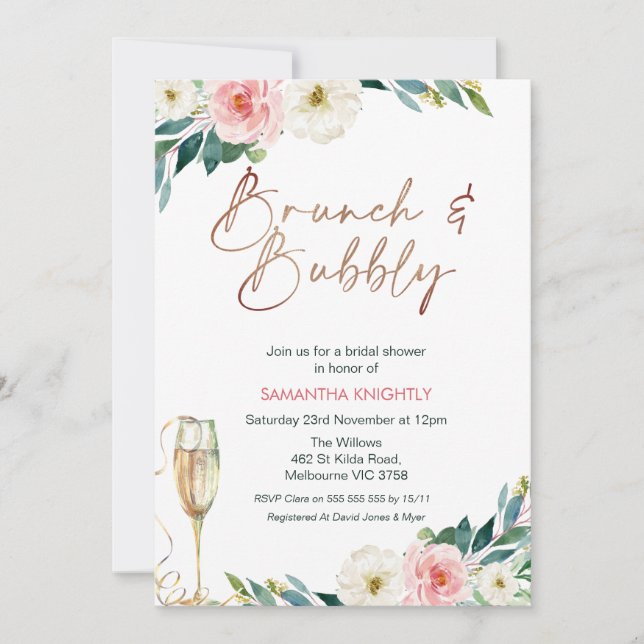 Blush White Floral Bridal & Bubbly Brautparty Einladung (Vorderseite)