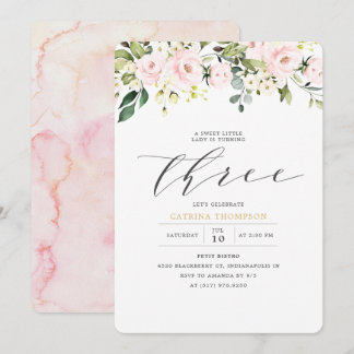 Blush White Floral & Eucalyptus Girl 3. Geburtstag Einladung