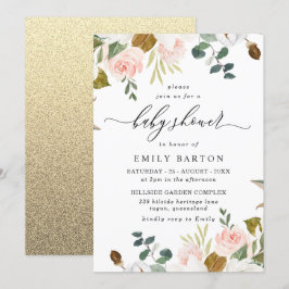 Blush & White Floral Gold Glitzer Babydusche Einladung
