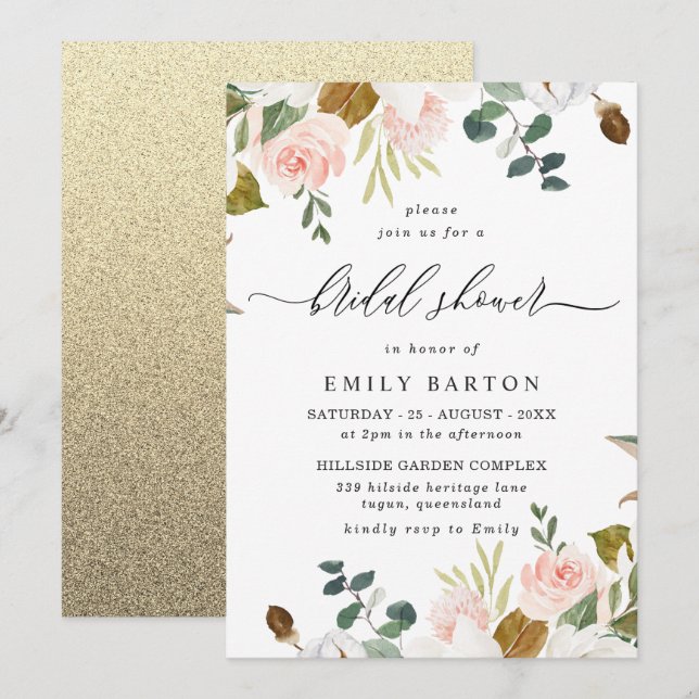 Blush & White Floral Gold Glitzer Brautparty Einladung (Vorne/Hinten)