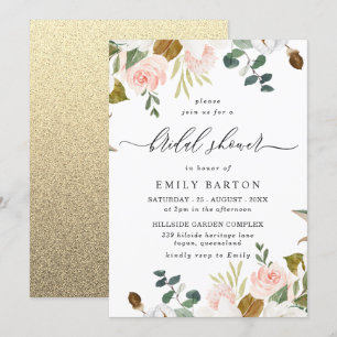 Blush & White Floral Gold Glitzer Brautparty Einladung