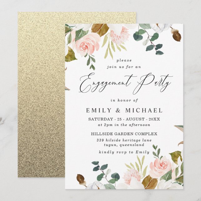 Blush & White Floral Gold Glitzer Engagement Party Einladung (Vorne/Hinten)