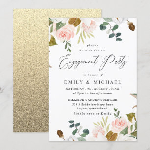 Blush & White Floral Gold Glitzer Engagement Party Einladung