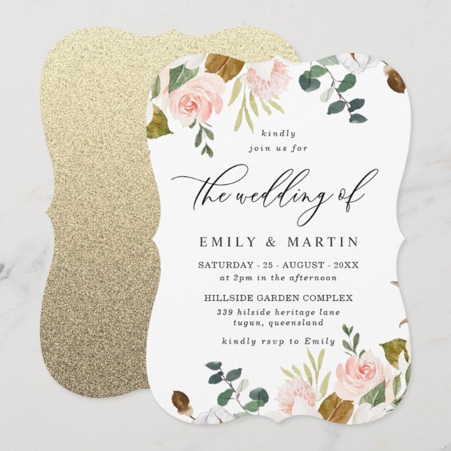Blush & White Floral Gold Glitzer Hochzeit Einladung (Vorne/Hinten)