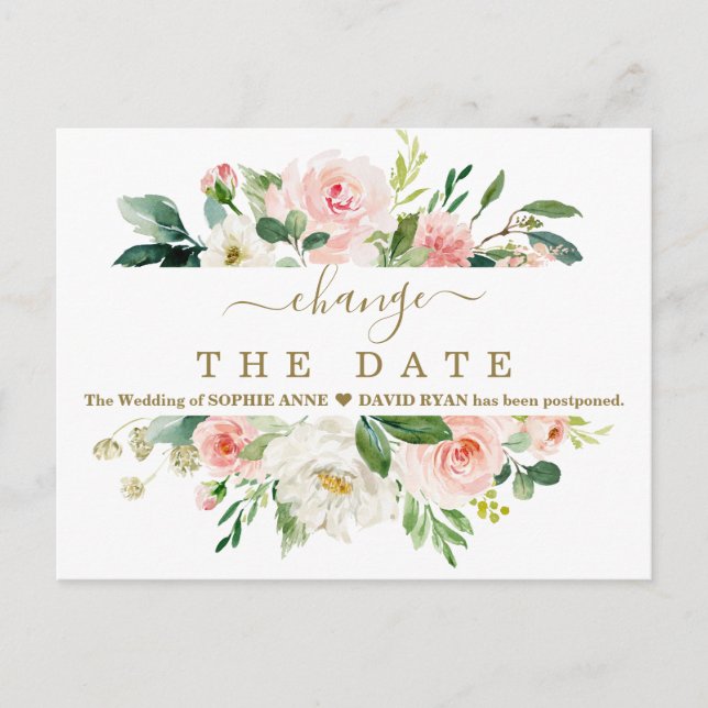 Blush White Floral Hochzeit verschoben Neuer Plan Postkarte (Vorderseite)