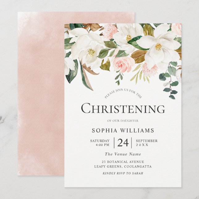 Blush & White Floral Schöne Christening Taufe Einladung (Vorne/Hinten)
