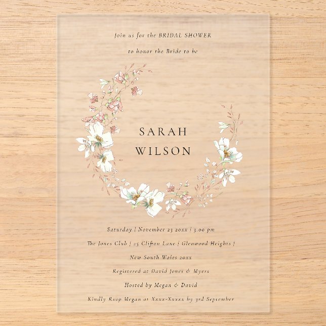 Blush White Floral Wreath Brautparty laden Acryleinladungen (Vorderseite)