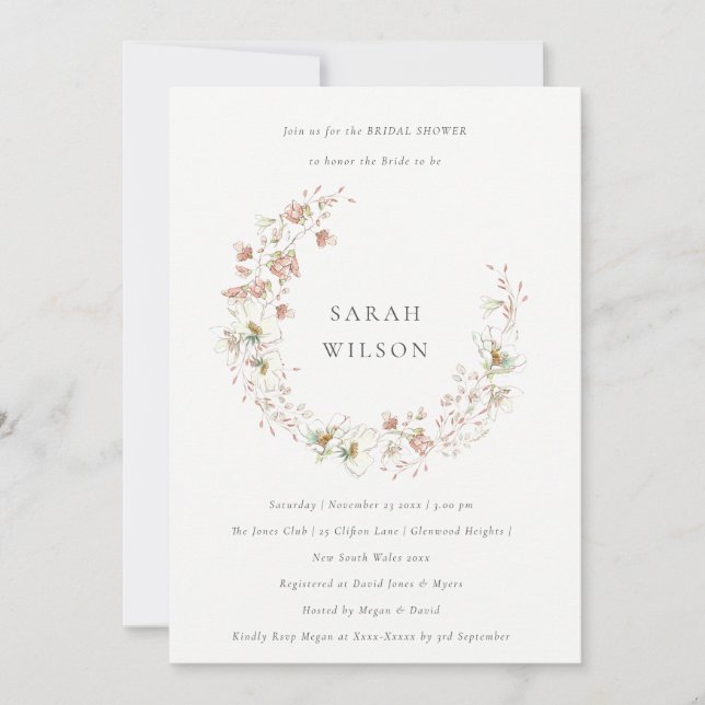 Blush White Floral Wreath Brautparty laden Dankeskarte (Vorderseite)