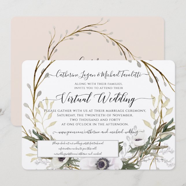 Blush White Floral Wreath Rustic Virtual Wedding Einladung (Vorne/Hinten)