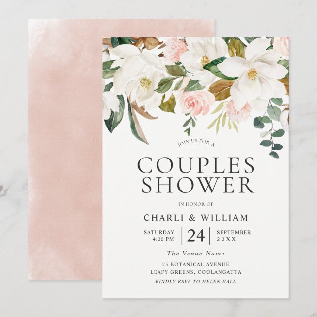 Blush & White Florals Elegante Paare Dusche Einladung (Vorne/Hinten)