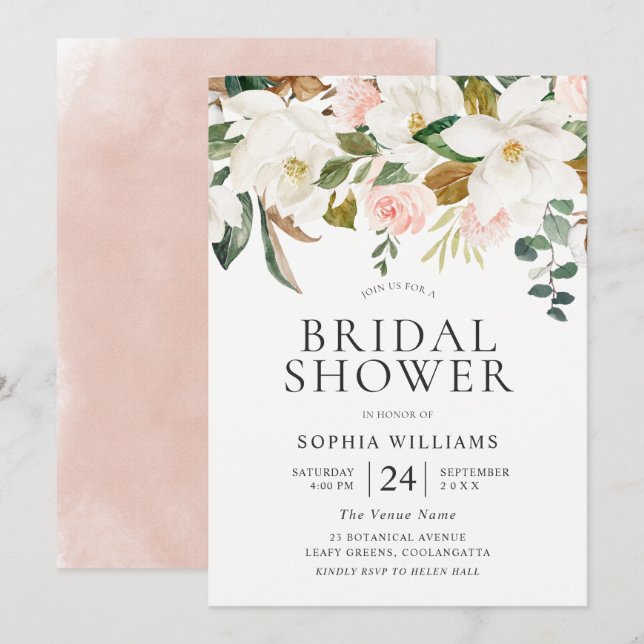 Blush & White Florals Elegantes Brautparty Einladung (Vorne/Hinten)