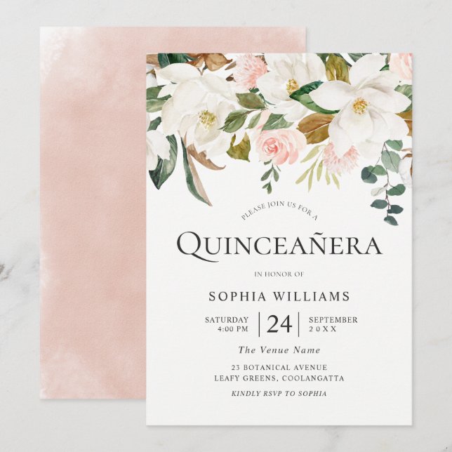 Blush & White Florals Schönes Quinceañera Party Einladung (Vorne/Hinten)