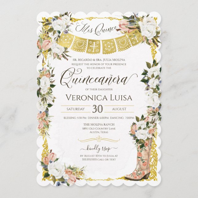 Blush White Gold Charme Floral Boot Quinceanera Einladung (Vorderseite)