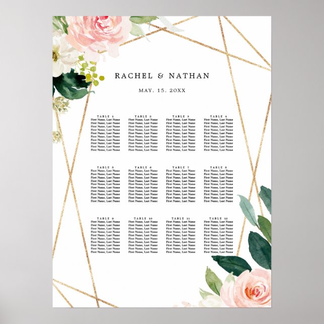 Blush White Gold Floral Wedding Chart Poster (Vorne)