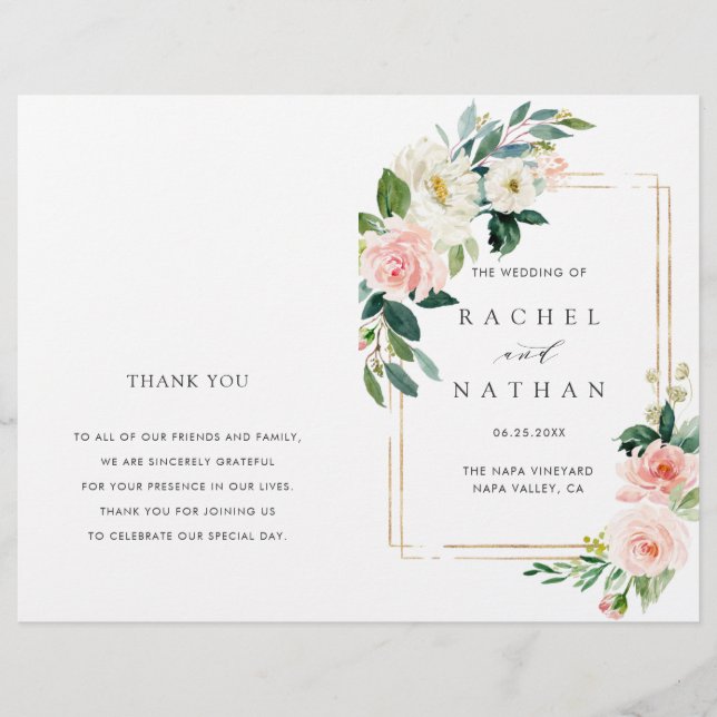 Blush White Gold Frame Programme de mariage plié (Devant)