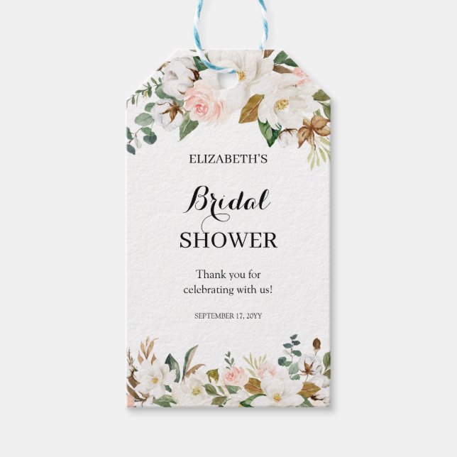 Blush White Magnolia Floral Brautparty Gefallen Geschenkanhänger (Vorderseite)
