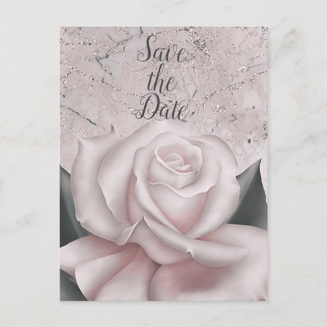 Blush White Rose Glam Moderner Marmor Save the Dat Ankündigungspostkarte (Vorderseite)