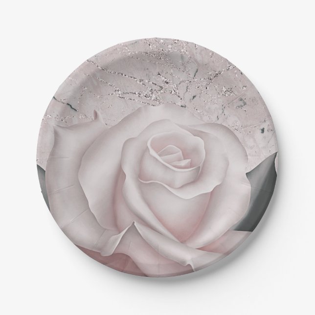 Blush White Rose Glam Modernes Brautparty aus Marm Pappteller (Vorderseite)