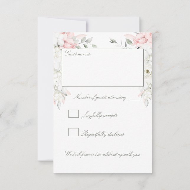 Blush & White Roses Blumengarten Hochzeit Rückkehr RSVP Karte (Rückseite)