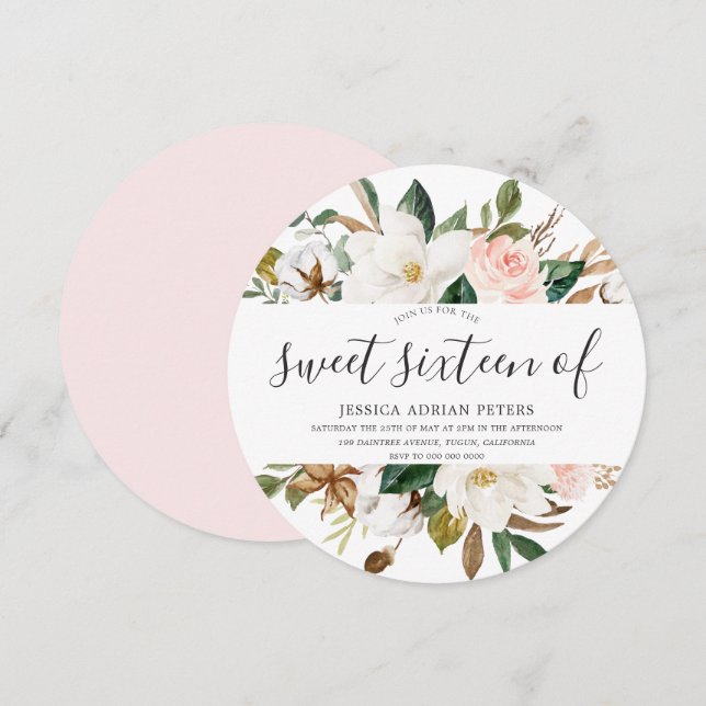 Blush & White Schöne Blume Sweet 16 Einladung (Vorne/Hinten)