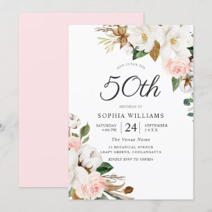 Blush White Watercolor Blume 50. Geburtstagsparty Einladung