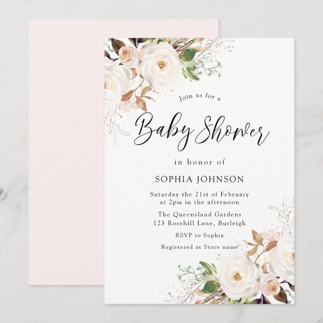 Blush White Winter Forest Baby Dusche Einladung (Vorne/Hinten)