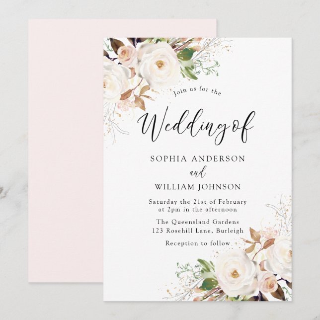 Blush White Wonderland Blume Hochzeit Einladung (Vorne/Hinten)