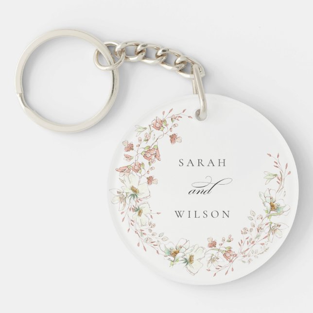 Blush White Yellow Wiadow Floral Wreath Wedding Schlüsselanhänger (Vorderseite)
